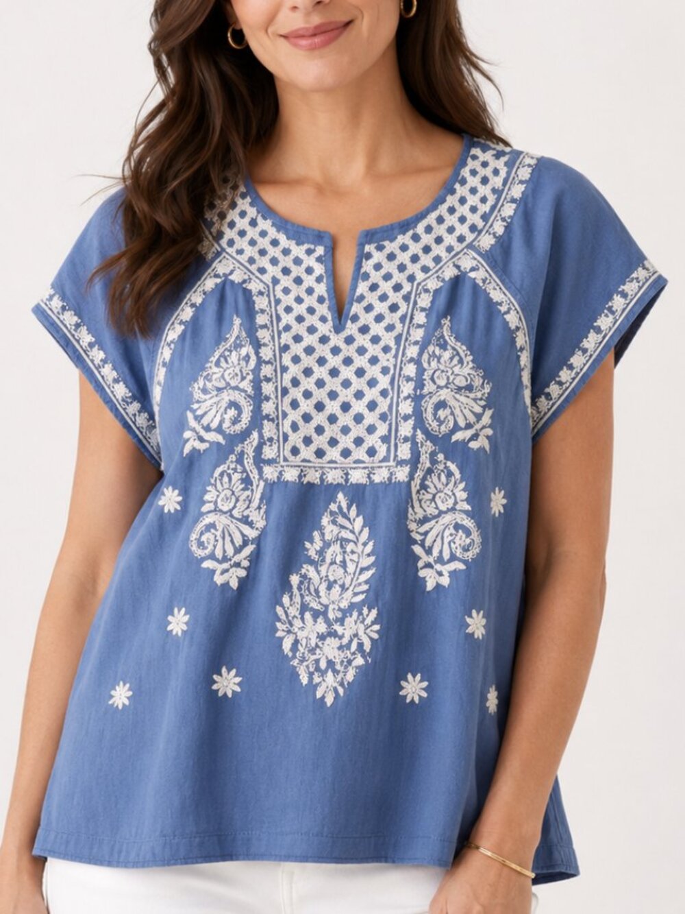 Philosophy Embroidered Chambray Top Women's 3X Blue Boho Peasant Blouse Cotton